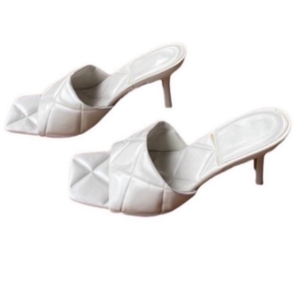 New Bamboo Heeled Shoes Cream Slide Heels Pumps Square Toe Quilted Formal Party - Picture 1 of 16